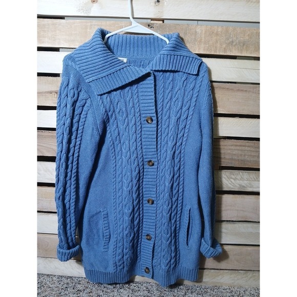 L.L. Bean Sweaters - LL Bean Women's Blue Cotton Cable Knit Cardigan Sweater Size Medium Button Front